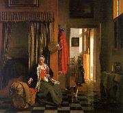 Mother Lacing her Bodice Beside a Cradle, Pieter de Hooch